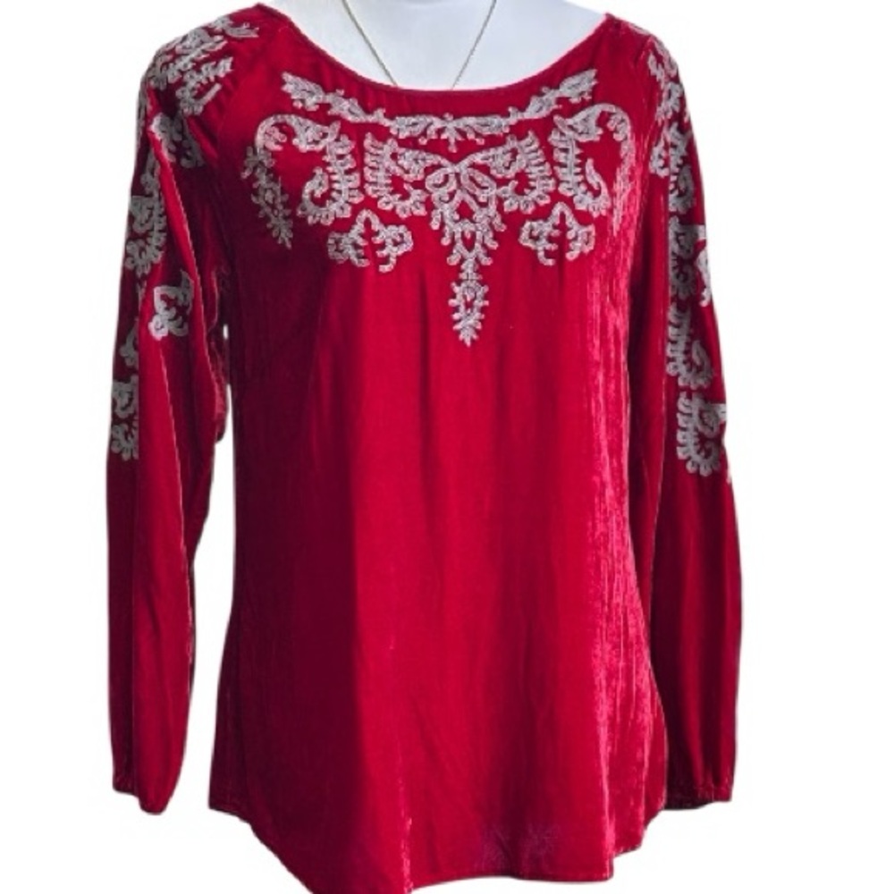 SUNDANCE Women's Velvet Embroidered Top in Crimson Red (S) - Picture 2 of 7